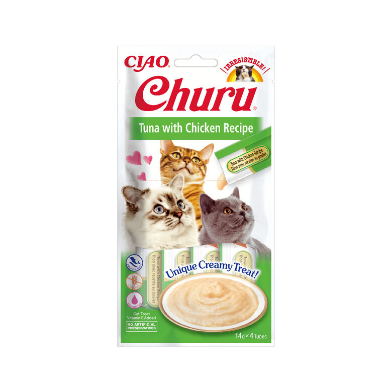 4 saquetas x 14 g Churu Snack Cremoso de Atum e Frango para gatos,  Imagem número 1 4 saquetas x 14 g Churu Snack Cremoso de Atum e Frango para gatos, , large Imagem número 1